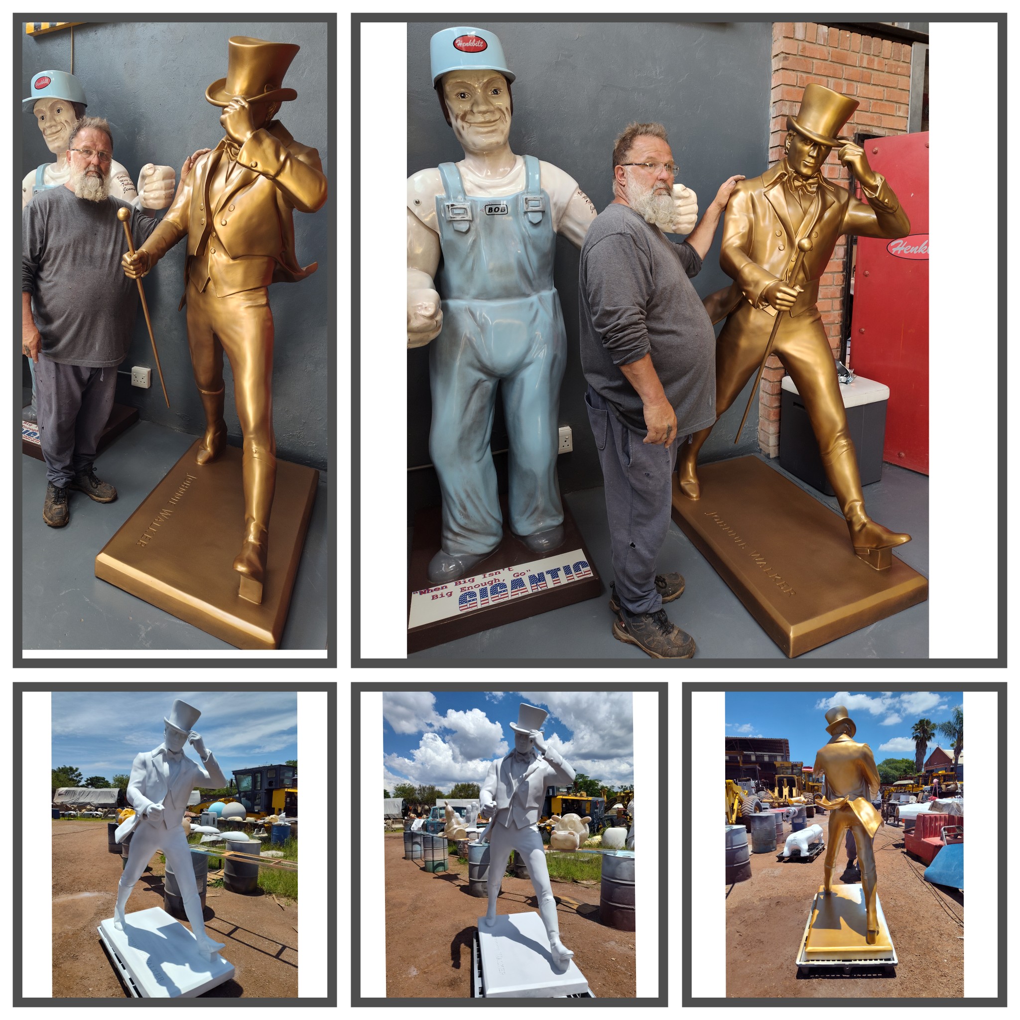 Large fiberglass statue shown before and after finishing