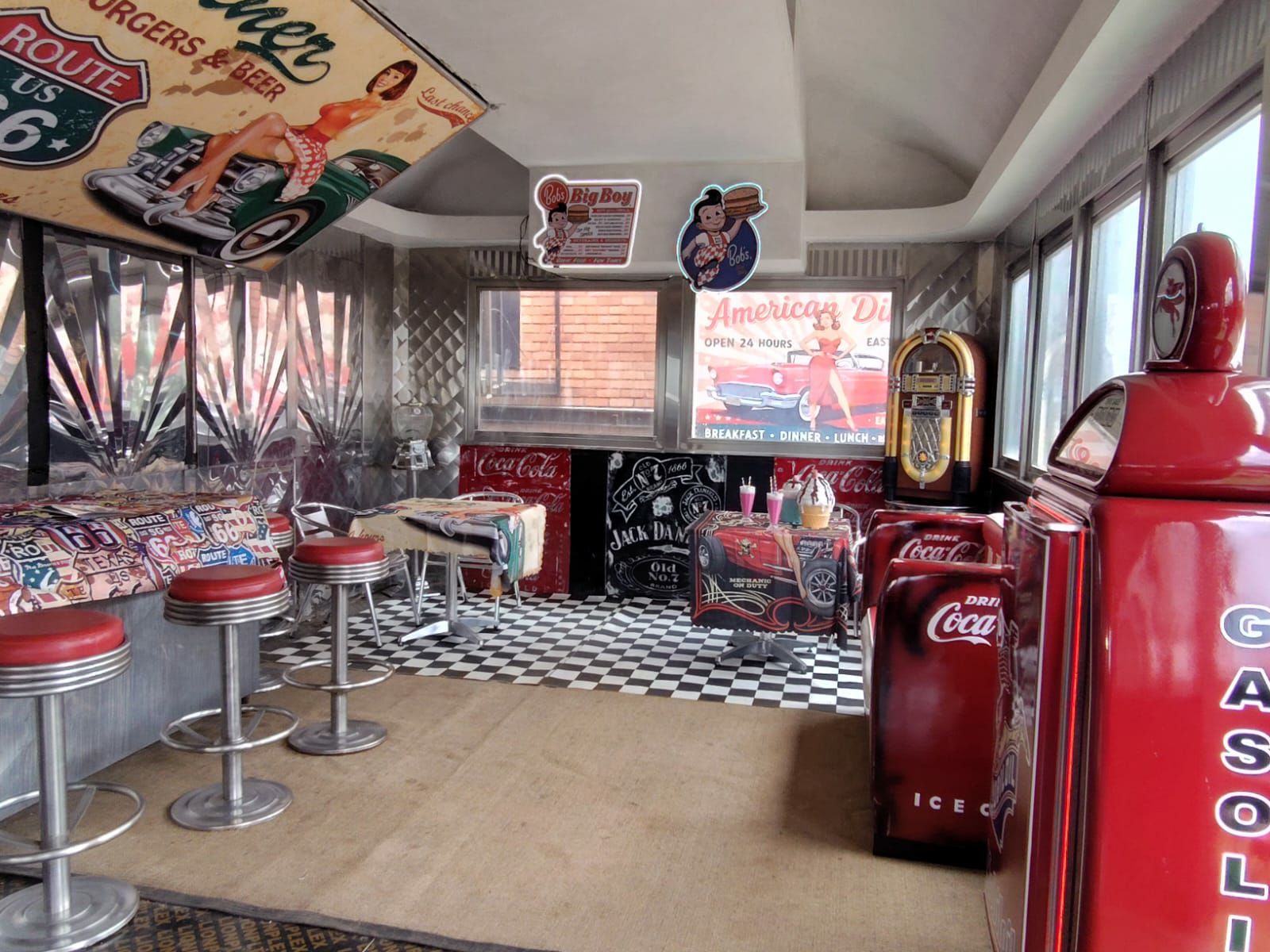 Retro mancave diner room with custom seating and decor